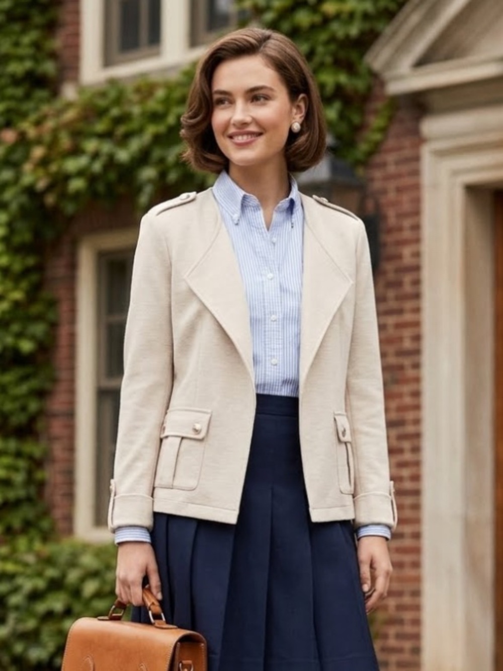 Tommy Hilfiger Cream Open-Front Military-Style Blazer Size 6 Preppy Americana